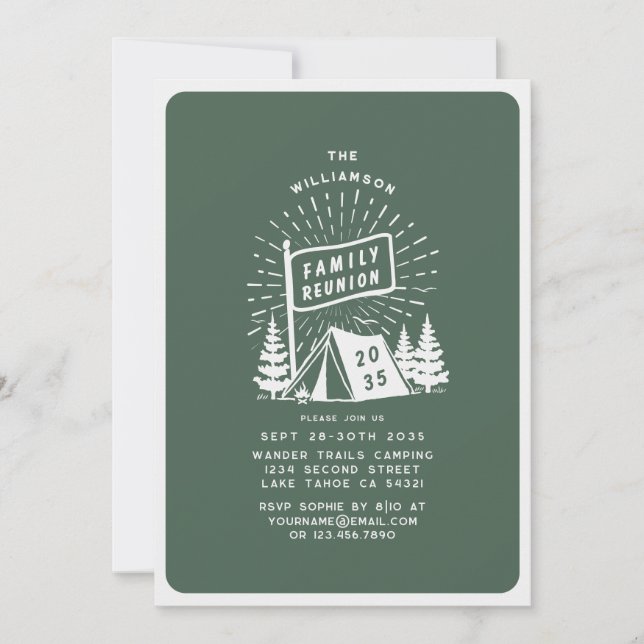 Modern Retro Family Reunion Outdoor Camping Trees  Invitation (Front)