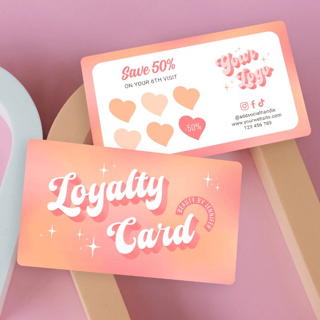 Modern Retro Feminine Pink Peach Beauty Salon Loyalty Card (Retro groovy business loyalty cards in pastel peach and pink hues, perfect for your feminine brand)