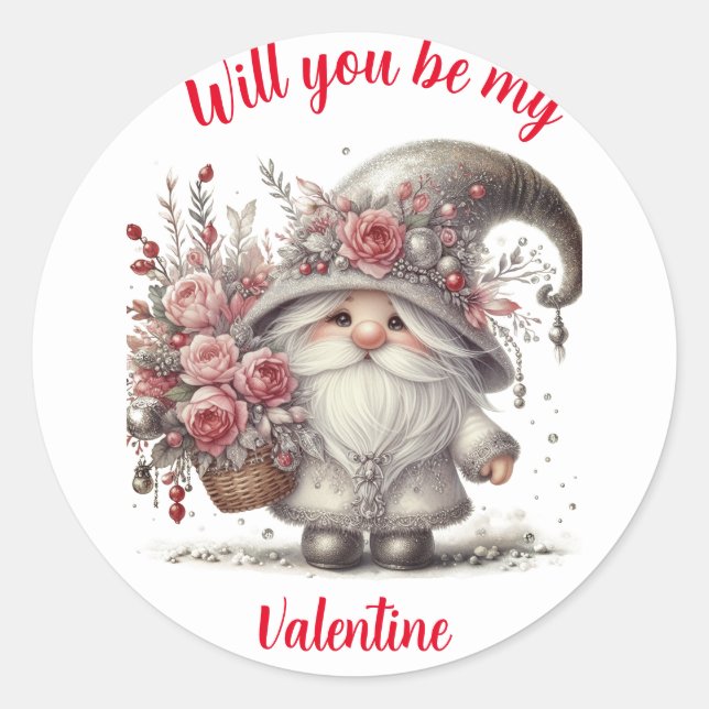 Modern retro floral basket cute valentine gnome classic round sticker (Front)