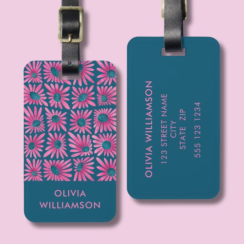 Modern retro floral block print luggage tag