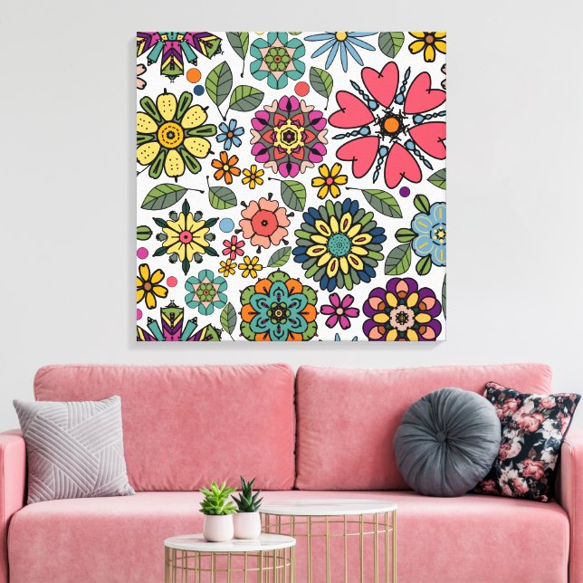 Modern Retro Floral Drawing Seamless Pattern Art Canvas Print (Insitu(LivingRoom))