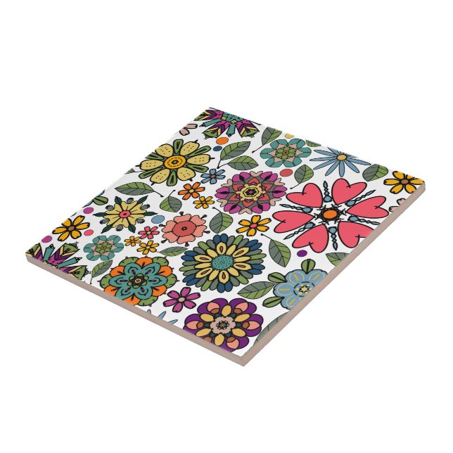 Modern Retro Floral Drawing Seamless Pattern Art Ceramic Tile (Side)