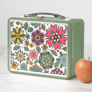 Modern Retro Floral Drawing Seamless Pattern Art Metal Lunch Box