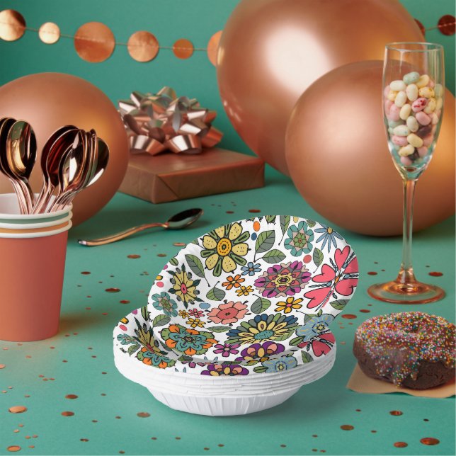 Modern Retro Floral Drawing Seamless Pattern Art  Paper Bowls (Multi)