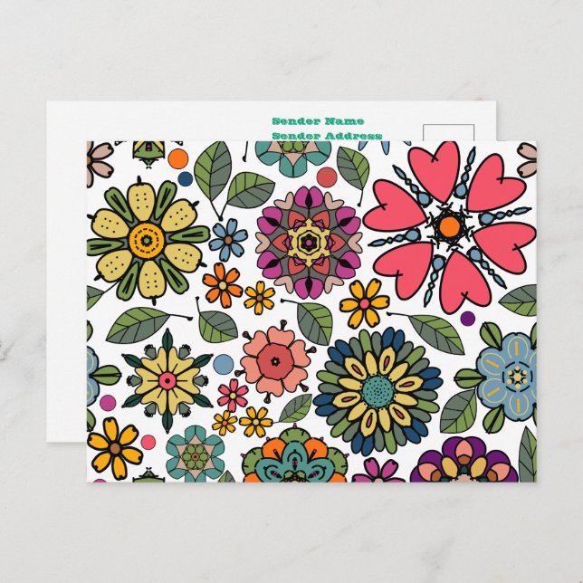 Modern Retro Floral Drawing Seamless Pattern Art Postcard (Front/Back)