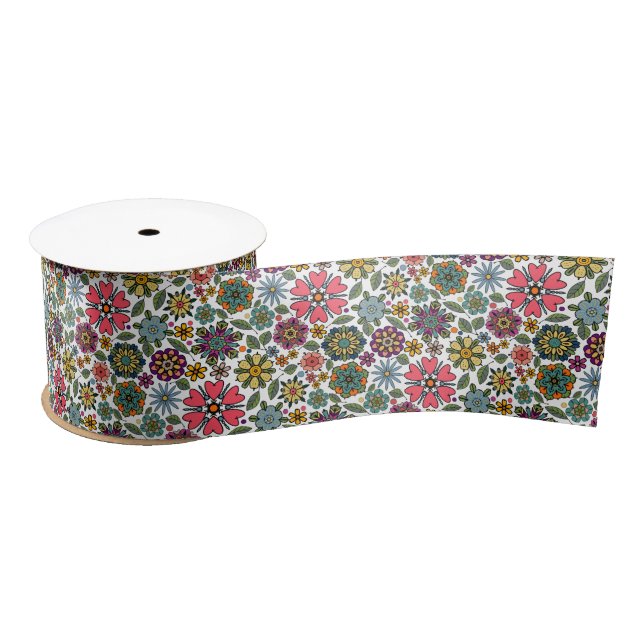 Modern Retro Floral Drawing Seamless Pattern Art Satin Ribbon (Spool)
