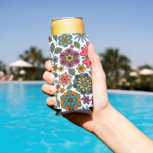 Modern Retro Floral Drawing Seamless Pattern Art Seltzer Can Cooler