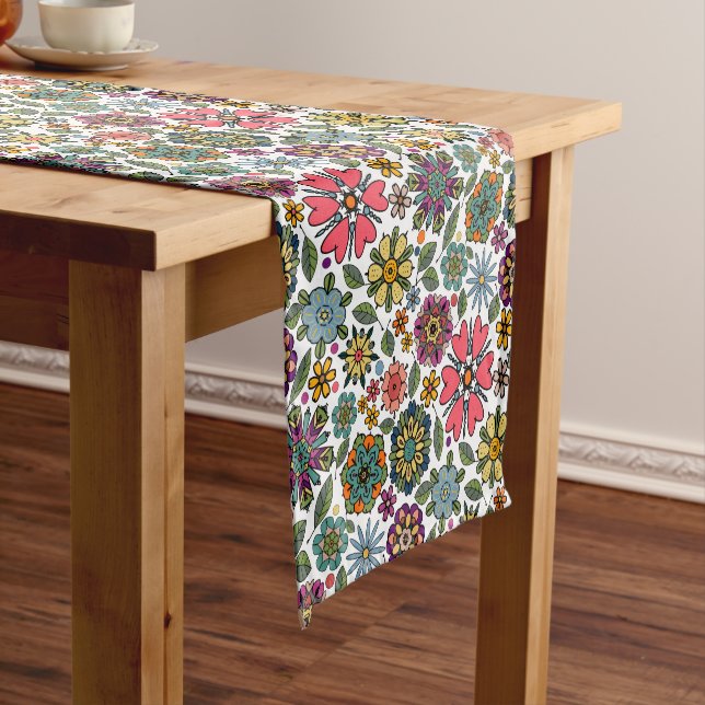 Modern Retro Floral Drawing Seamless Pattern Art Short Table Runner (In Situ)
