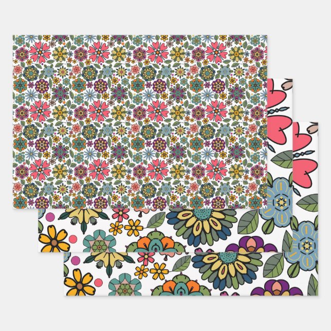 Modern Retro Floral Drawing Seamless Pattern Art Wrapping Paper Sheets (Set)