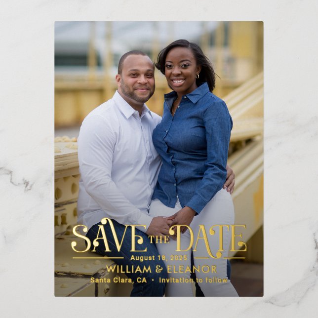 Modern Retro FOIL Save The Date Postcard (Front)
