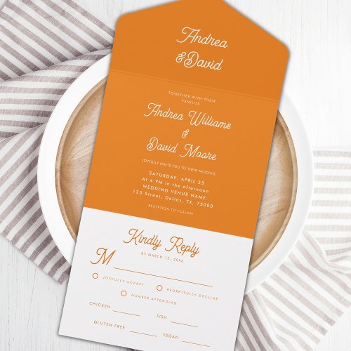 Modern Retro Font Bright Orange Minimalist Wedding All In One Invitation