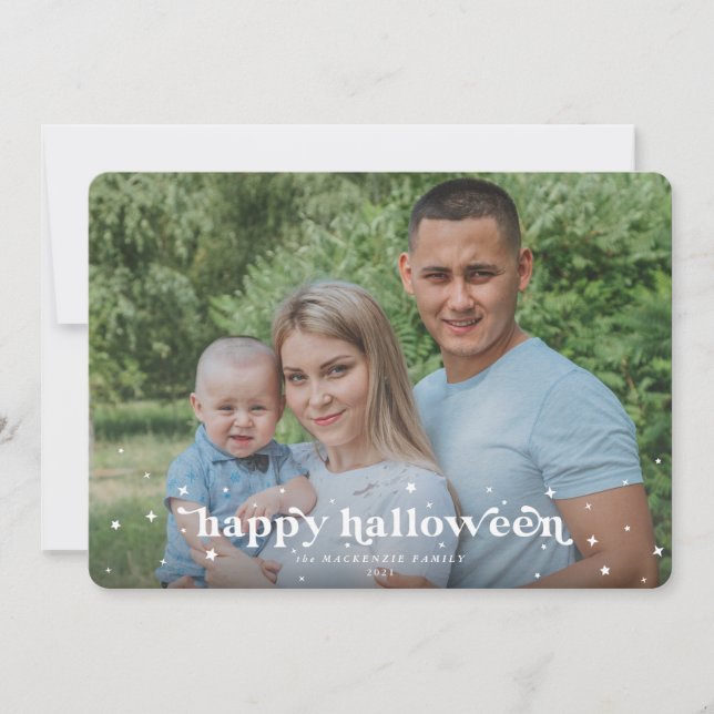 Modern Retro Font+Stars Happy Halloween Photo Card (Front)