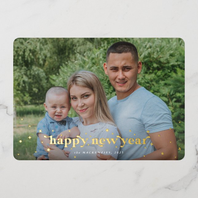 Modern Retro Font+Stars Happy New Year Photo Foil Holiday Card (Front)