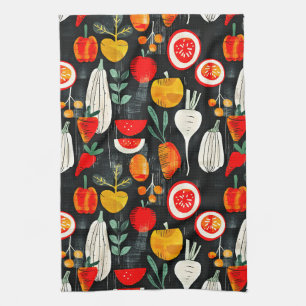 Modern Retro Fruit and Veg on Black Pattern Kitchen Towel