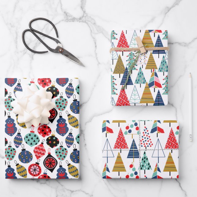 Modern Retro Geometric Christmas Pattern Set of 3 Wrapping Paper Sheets (Front)