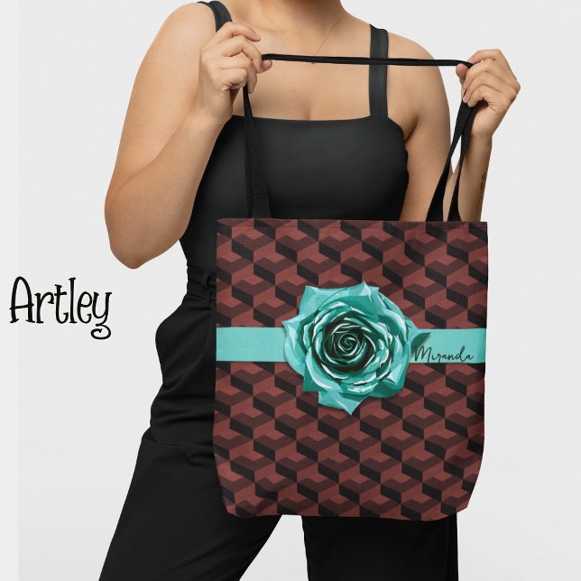 Modern Retro Geometric Rose Choker Custom Name Tote Bag (Creator Uploaded)