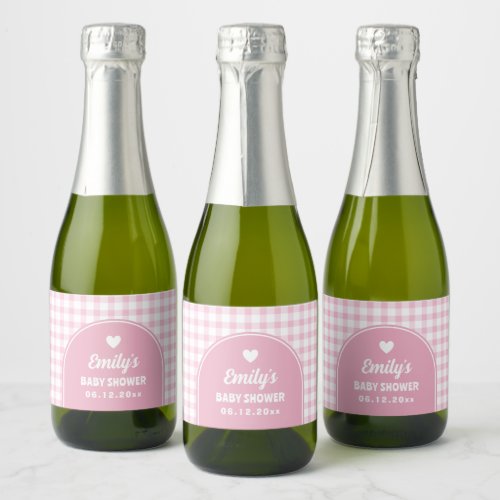 Modern Retro Girly Pink Gingham Girl Baby Shower Sparkling Wine Label