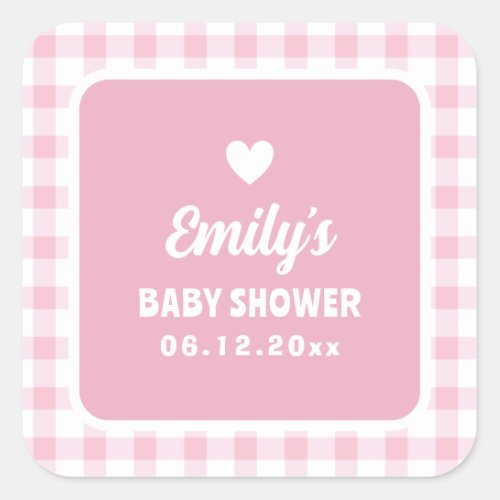 Modern Retro Girly Pink Gingham Girl Baby Shower Square Sticker