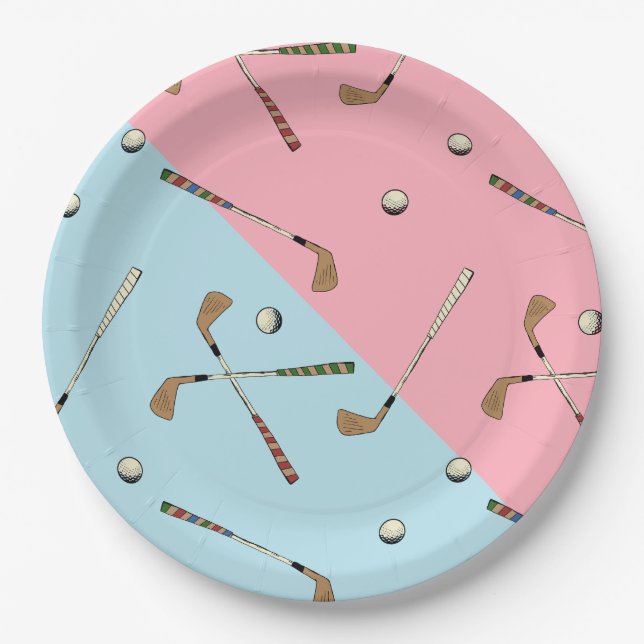 Modern Retro Golf Golfer Pink Blue Pattern    Paper Plates (Front)