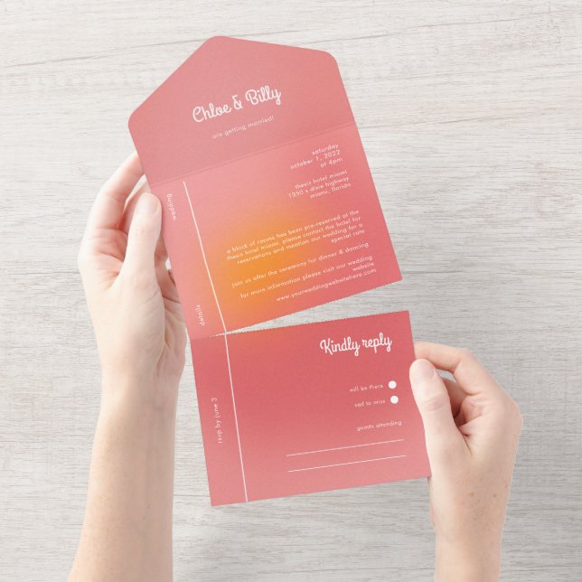 Modern Retro Gradient Pink Orange RSVP Wedding All In One Invitation (Tearaway)