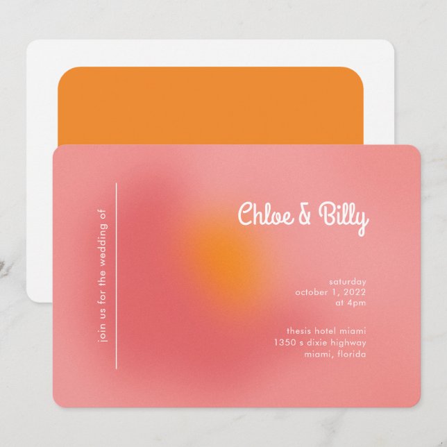 Modern Retro Gradient Pink Orange RSVP Wedding  Invitation (Front/Back)