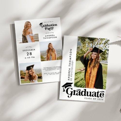 Modern Retro Graduation Cap Photo Collage Invitation