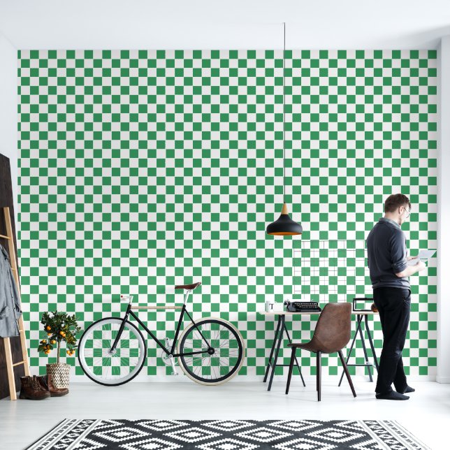 Modern Retro green and white checkered pattern Wallpaper (Living Room)
