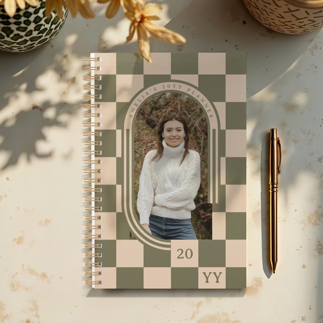 Modern Retro Green Checkered Pattern Arch Photo Planner (Modern Retro Red Checker Pattern Arch Photo Planner)