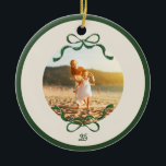 Modern Retro Green Vintage Bows Christmas photo Ceramic Ornament<br><div class="desc">***this design is part of a matching collection*** _______________________ this design template is fully editable / customizable by you the customer - click personalize further button if you wish to move, add, delete, or make significant changes to the design _______________________ *if you have any DESIGN questions or need more designs...</div>