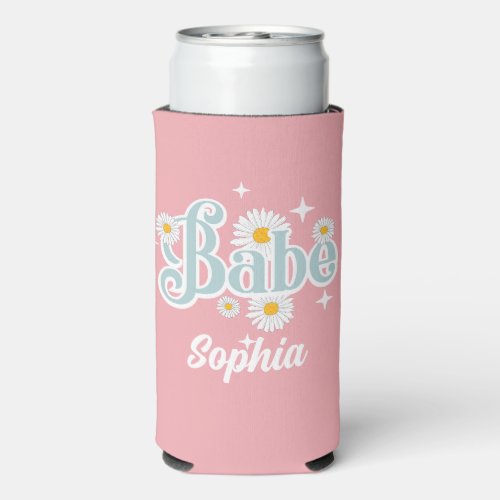 Modern retro groovy Bachelorette Party babe pink Seltzer Can Cooler