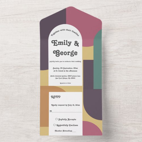 Modern Retro Groovy Colorful Abstract Art Wedding All In One Invitation