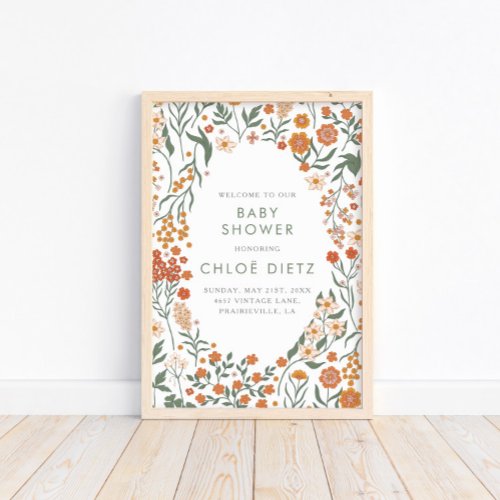 Modern Retro Groovy Floral Baby Shower Poster