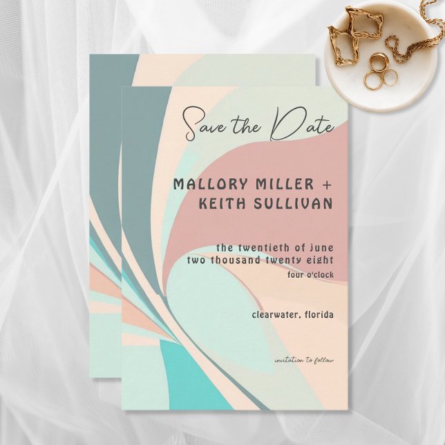 Modern Retro Groovy Peach Teal & Aqua Wedding Save The Date (Creator Uploaded)