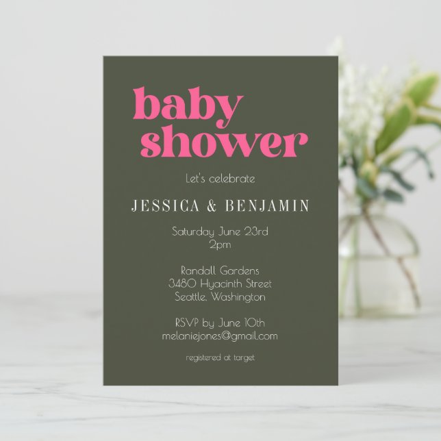 Modern Retro Groovy Pink and Green Baby Shower Invitation (Standing Front)