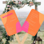 Modern retro groovy pink orange wedding program hand fan<br><div class="desc">Abstract shapes retro vintage 70s style unique groovy wedding program hand fan template with bold typography in a vibrant trendy modern hot pink magenta and orange chic color palette.         Please note that all the colors are changeable.              Suitable for casual stylish contemporary weddings.</div>