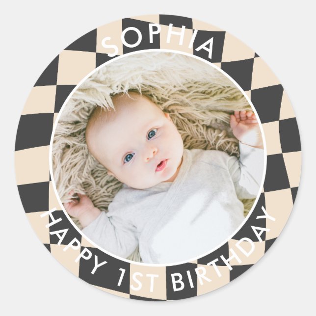 Modern Retro Happy 1st Birthday Photo check Classic Round Sticker (Front)