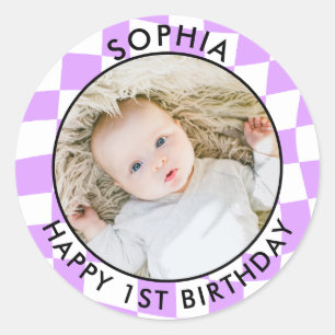 Modern Retro Happy 1st Birthday Photo check Classic Round Sticker