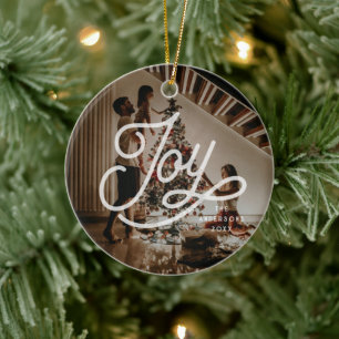 Modern Retro Joy Photo Bold Script Typography Ceramic Ornament