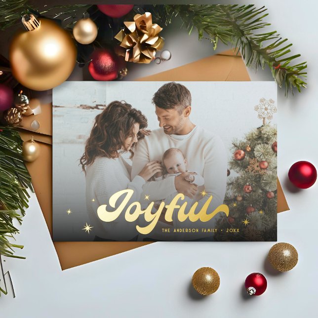 Modern Retro Joyful Snowflakes Photo Christmas Foil Holiday Card (Creator Uploaded)