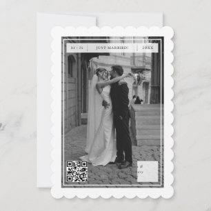 Modern Retro Just Married Stamp QR Code Elopement Announcement