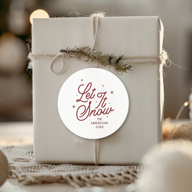 Modern Retro Let It Snow Christmas Script | Red Classic Round Sticker (Creator Uploaded)