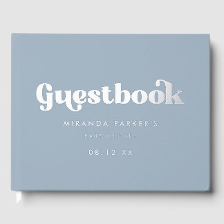 Modern Retro Lettering Blue Baby Shower Party Foil Guest Book