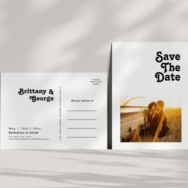 Modern Retro Lettering Photo Save The Date Invitat Invitation Postcard (Creator Uploaded)