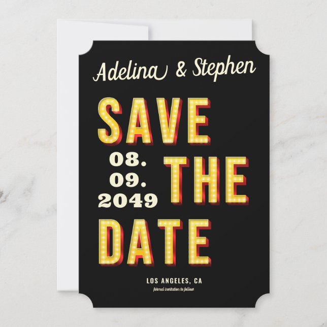 Modern Retro Light Marquee Broadway Style Photo Save The Date (Front)