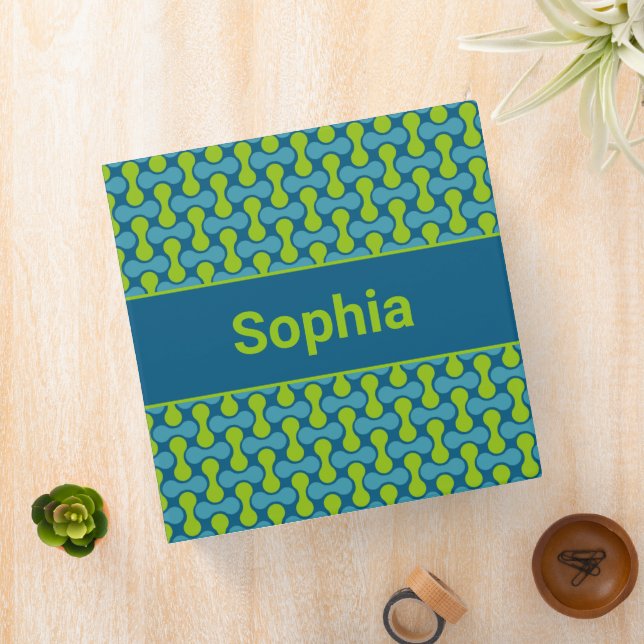 Modern Retro Link Pattern in Blue and Green 3 Ring Binder (In Situ)