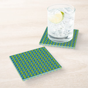 Modern Retro Link Pattern in Blue and Green Glass Coaster