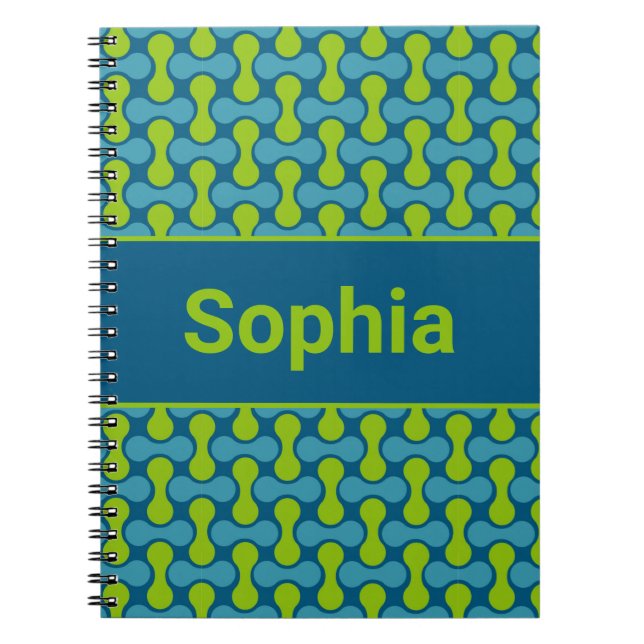 Modern Retro Link Pattern in Blue and Green Notebook (Front)