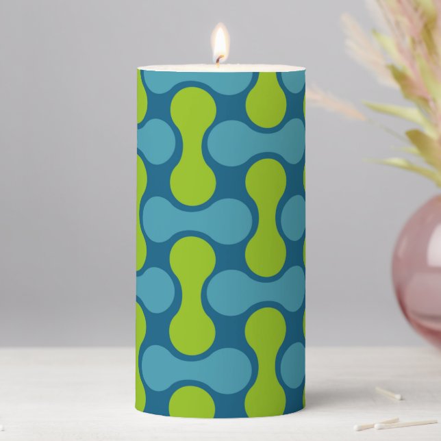 Modern Retro Link Pattern in Blue and Green  Pillar Candle (In Situ)