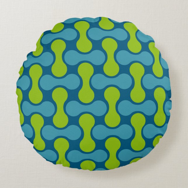 Modern Retro Link Pattern in Blue and Green  Round Pillow (Front)