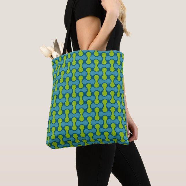 Modern Retro Link Pattern in Blue and Green Tote Bag (Close Up)